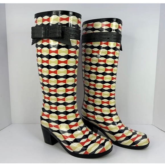 Kate Spade Knee High Randi Too Bow Printed Heeled Rain Boots Retro/Vintage Sz 7 - Picture 2 of 9